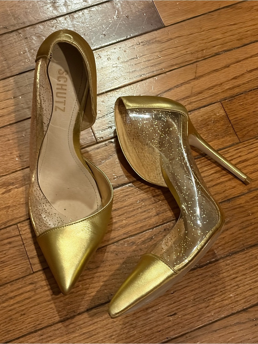 SCHUTZ Metallic Gold Pointed Toe Clear Glitter Panel Stiletto Pumps 9B